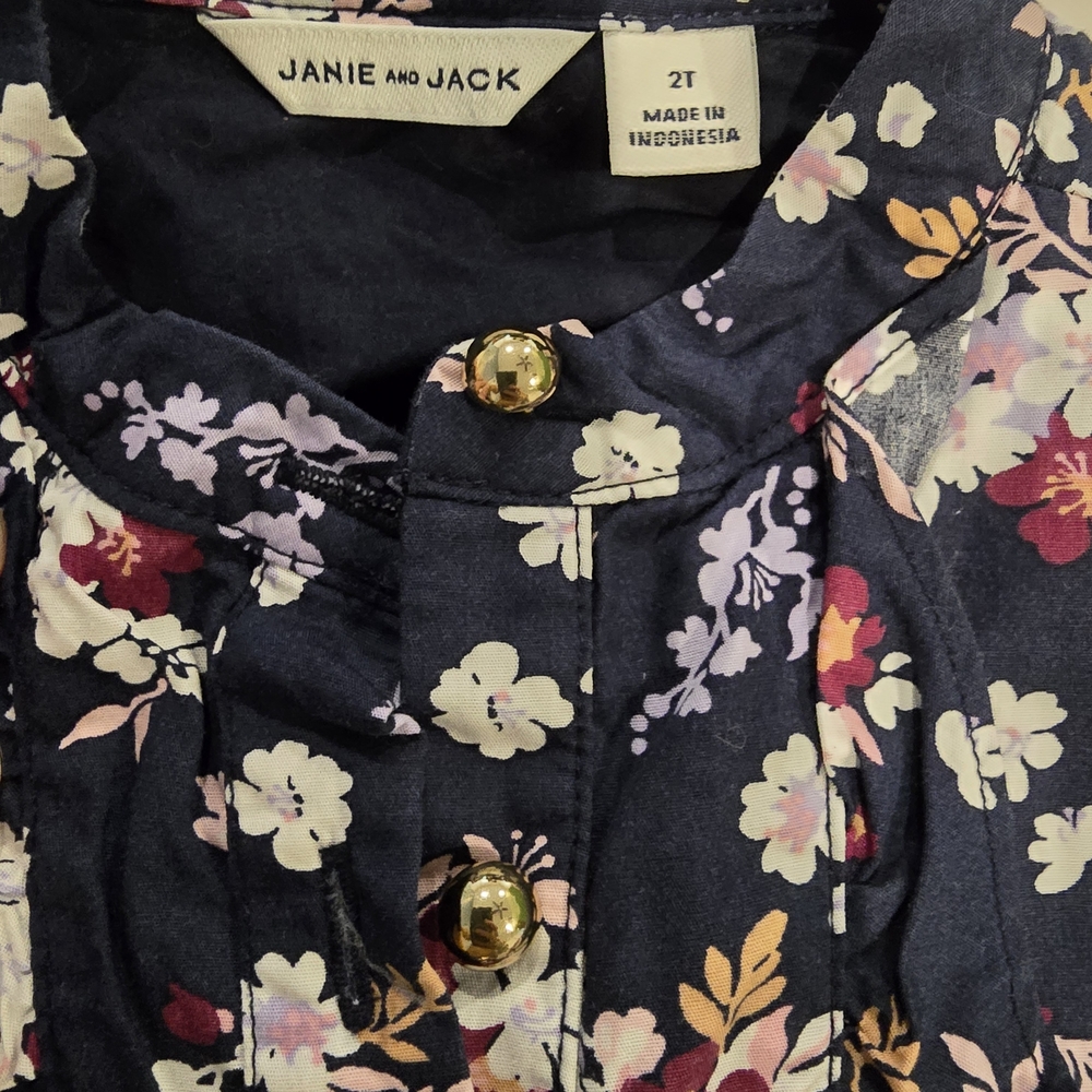 Janie and Jack Navy Floral Top with Gold Accent Buttons 2t